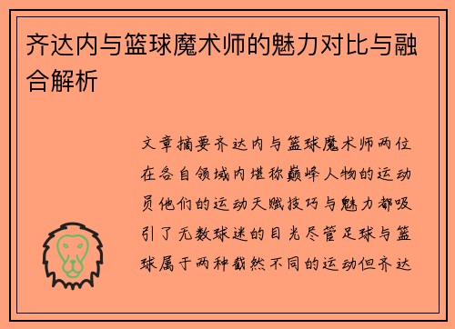 齐达内与篮球魔术师的魅力对比与融合解析